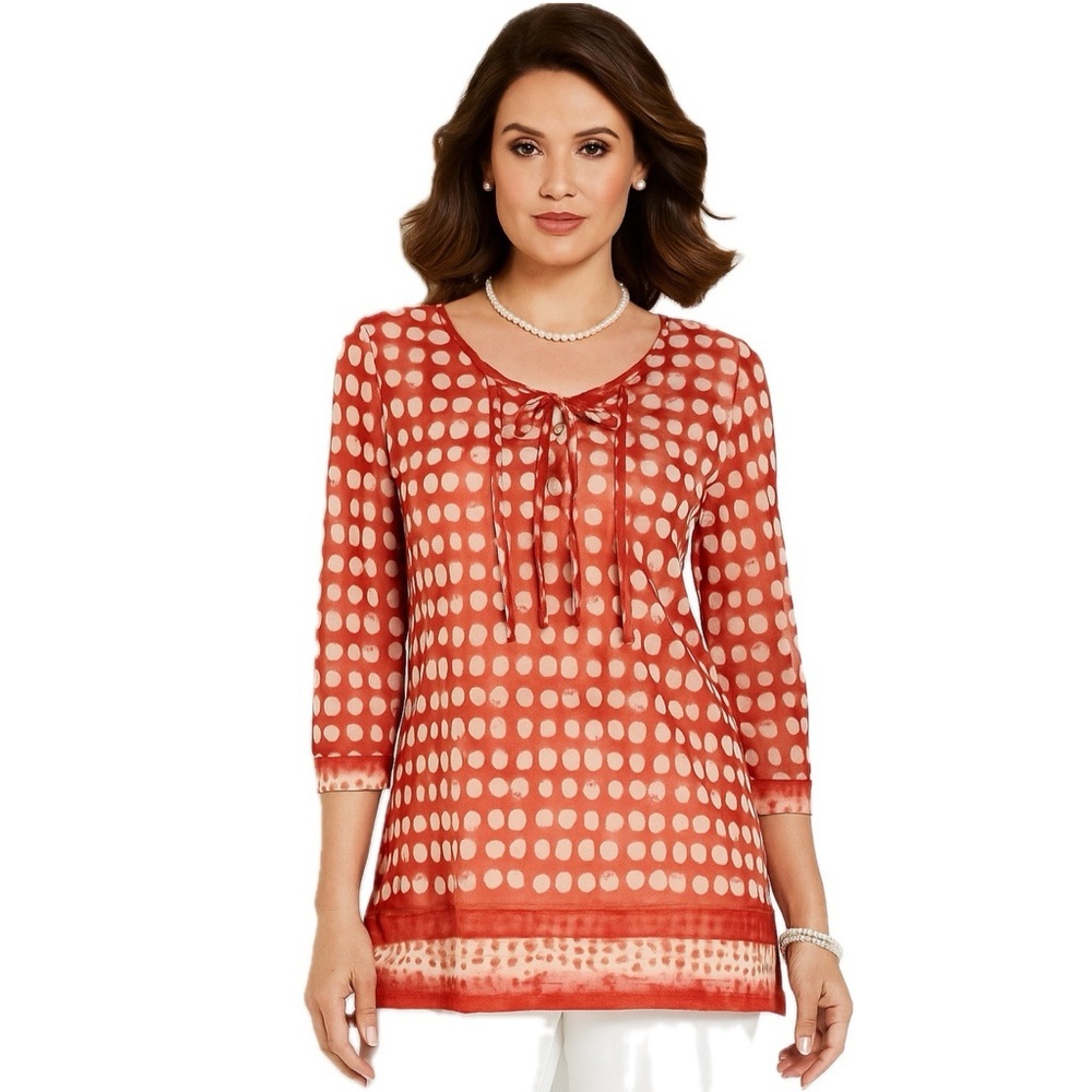 Chico’s Tunic Top Polka Dot Tie Front 3 Quarter Sleeve Red Off White Medium M 8